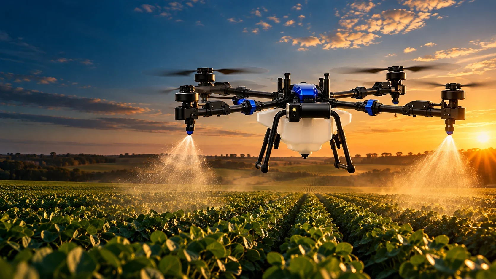 Composição ilustrativa de um drone New Holland pulverizando sobre uma lavoura ao pôr do sol