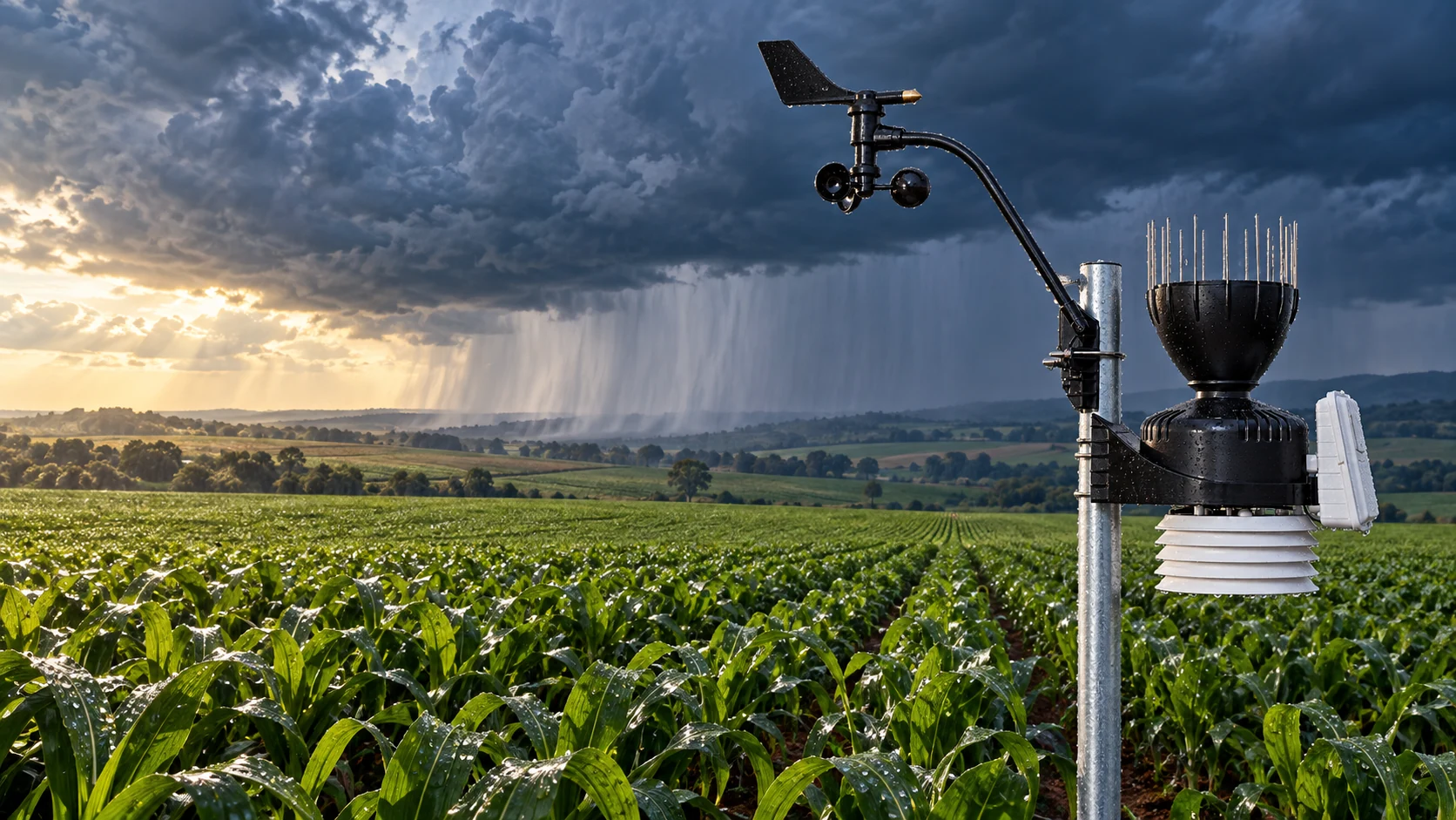 Ilustração de estação meteorológica instalada em uma lavoura sob céu de chuva