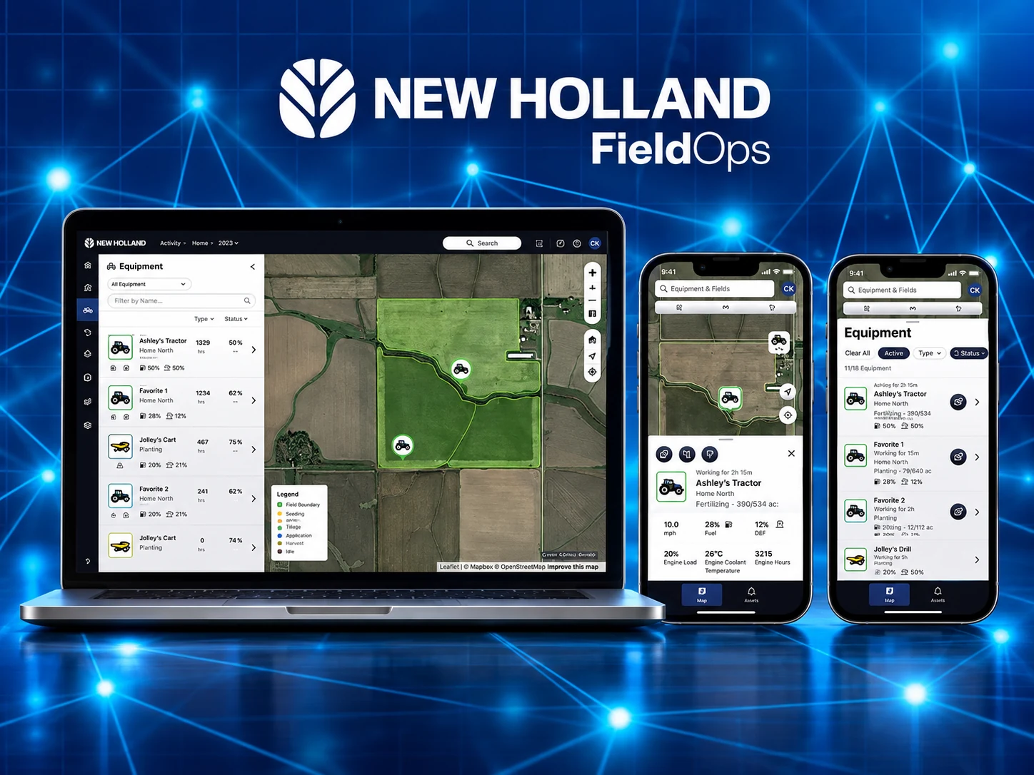 Composição ilustrativa do New Holland FieldOps com notebook à esquerda e celulares sobre fundo azul conectado