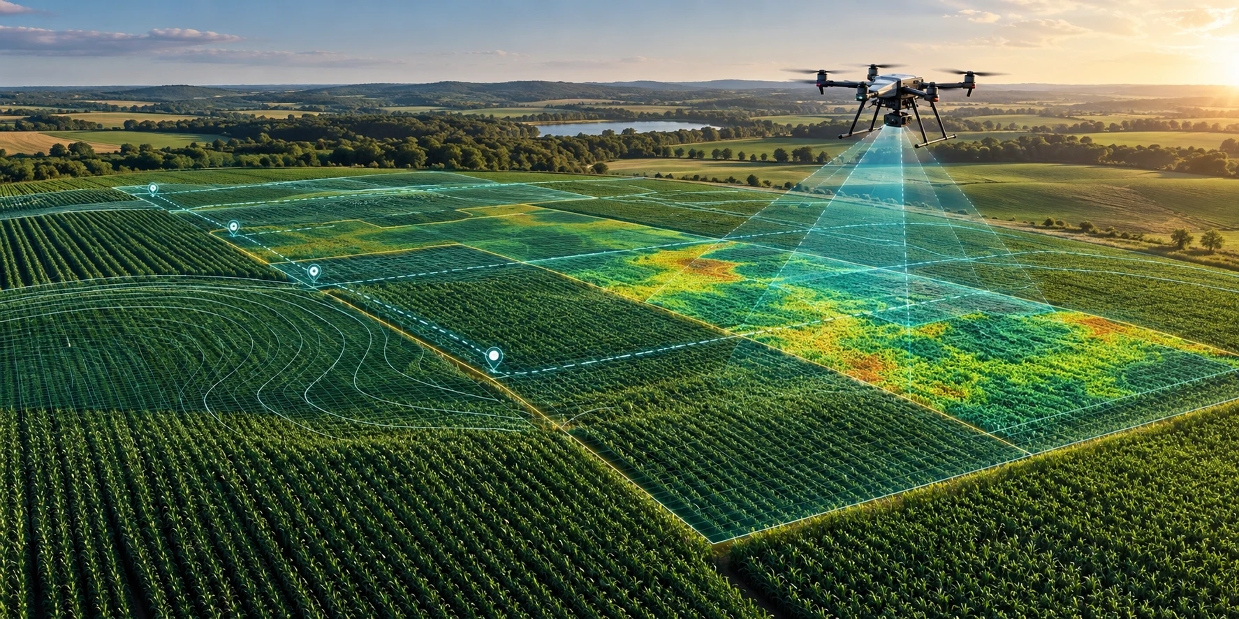 Ilustração de drone mapeando zonas de uma lavoura