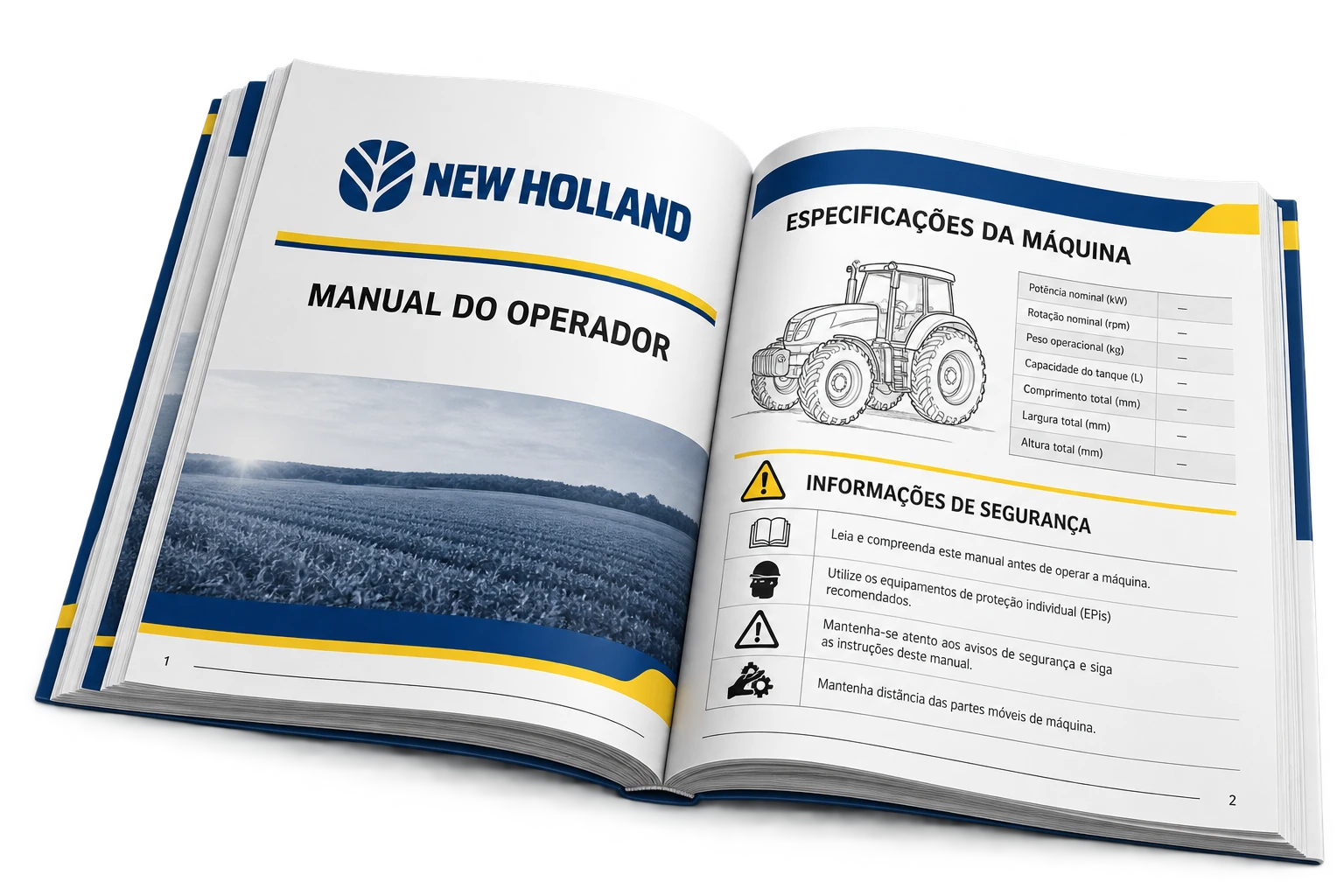 Manual do operador New Holland aberto, com ilustrações e orientações da máquina