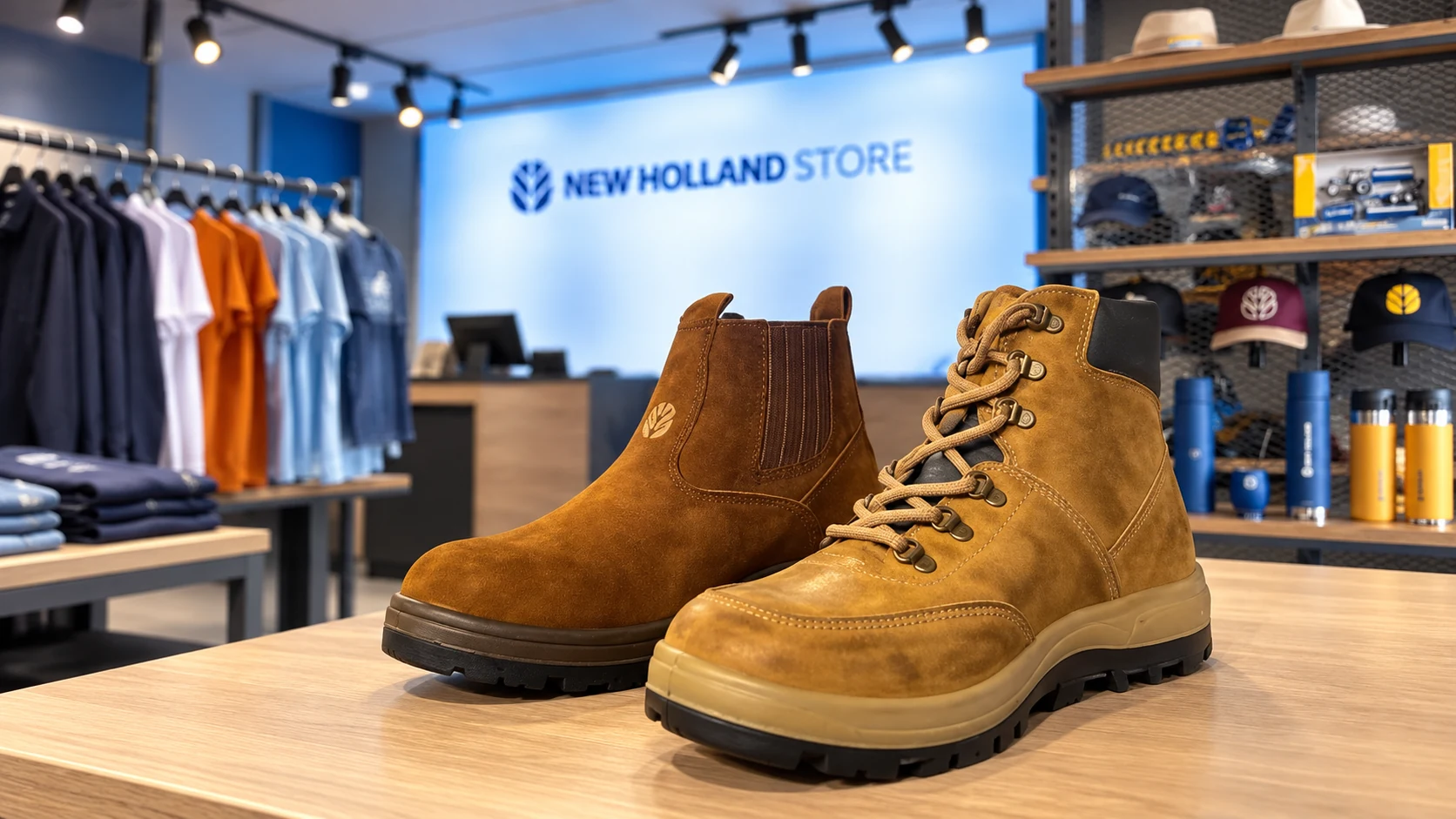 Botas em exposição na New Holland Store, com vestuário, bonés e acessórios ao fundo