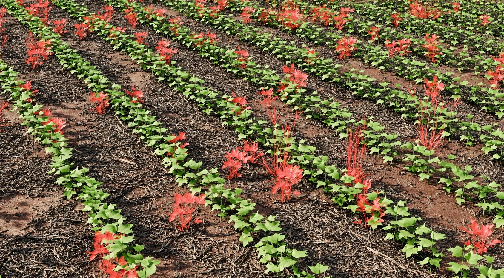 Plantas de folhas largas e estreitas entre as linhas da cultura