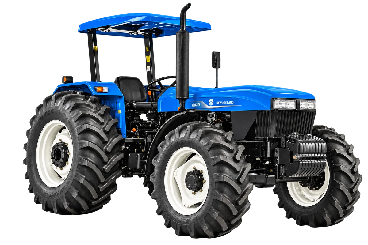 Trator New Holland 8030 em vista de três quartos