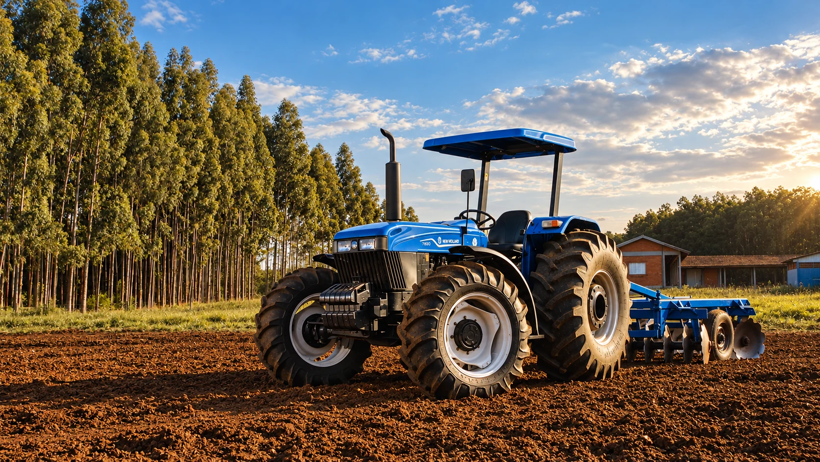 Trator New Holland Série 30 com grade de discos ao pôr do sol