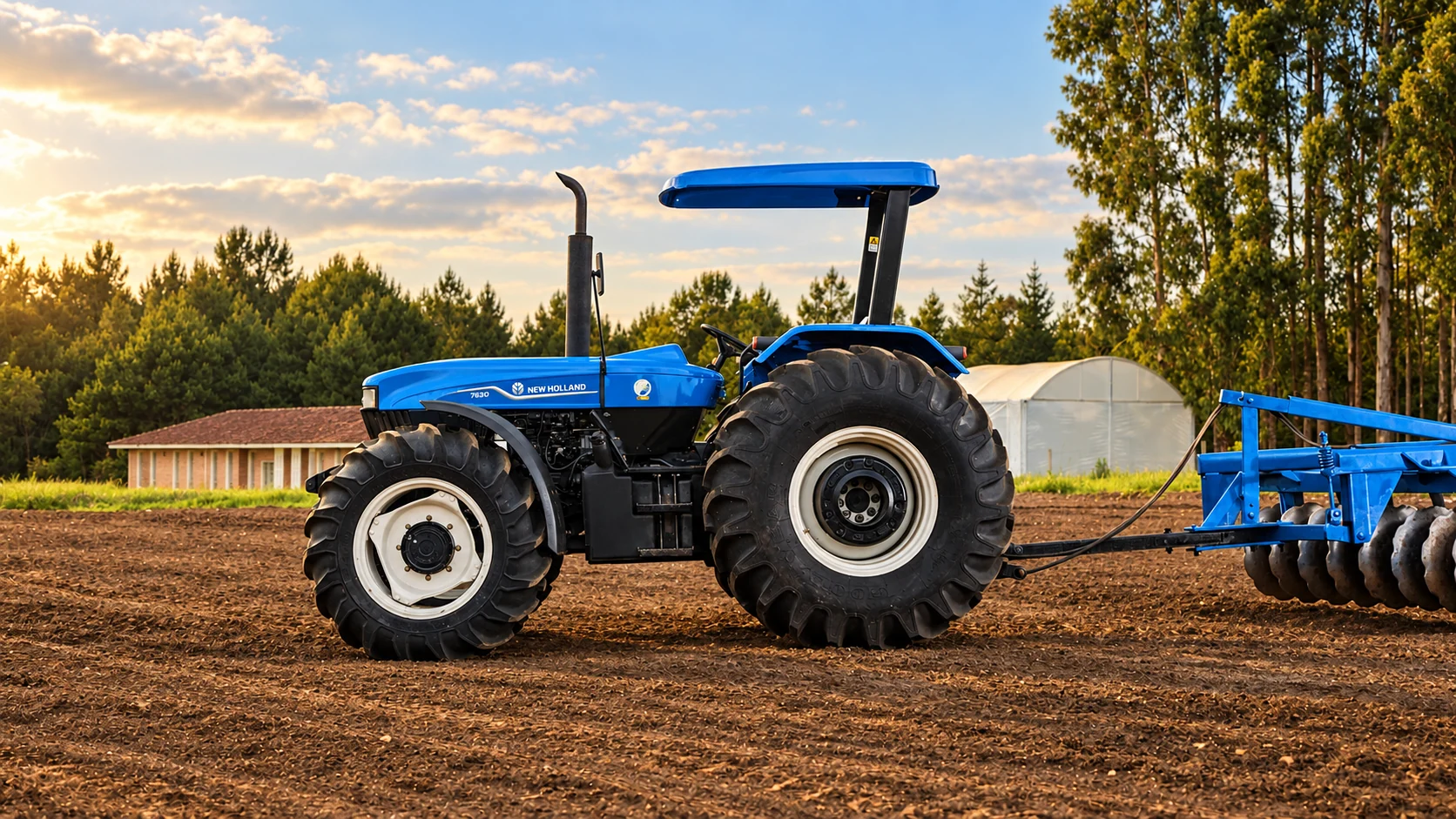 New Holland 7630 com implemento no campo
