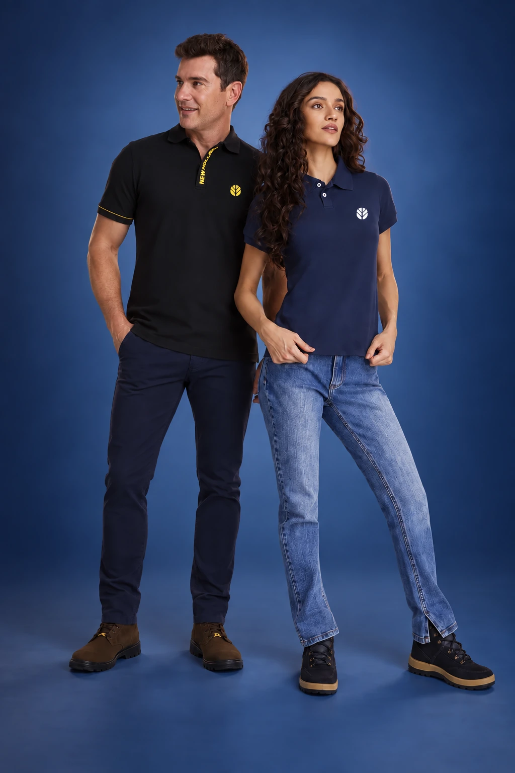Modelos masculino e feminino vestindo polos da coleção New Holland